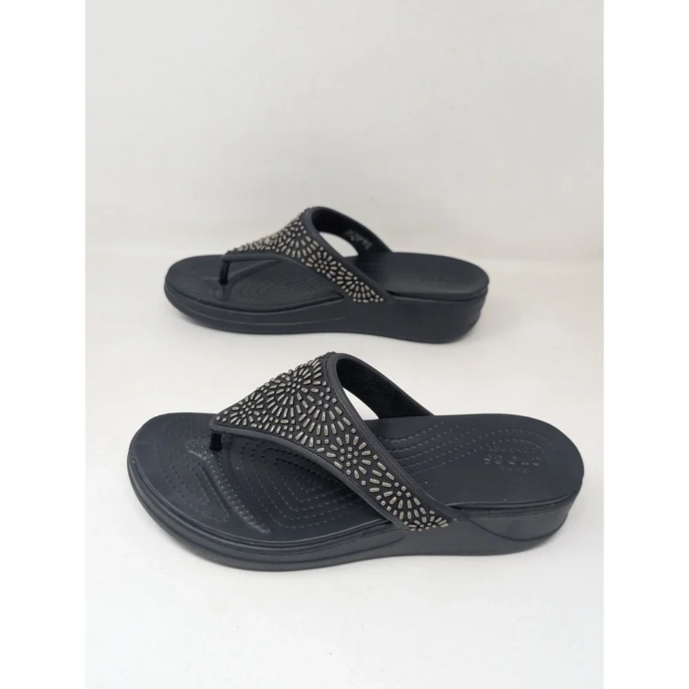 Crocs Monterey Diamante Women's Black Wedge Flip Flop Sandals Size 9